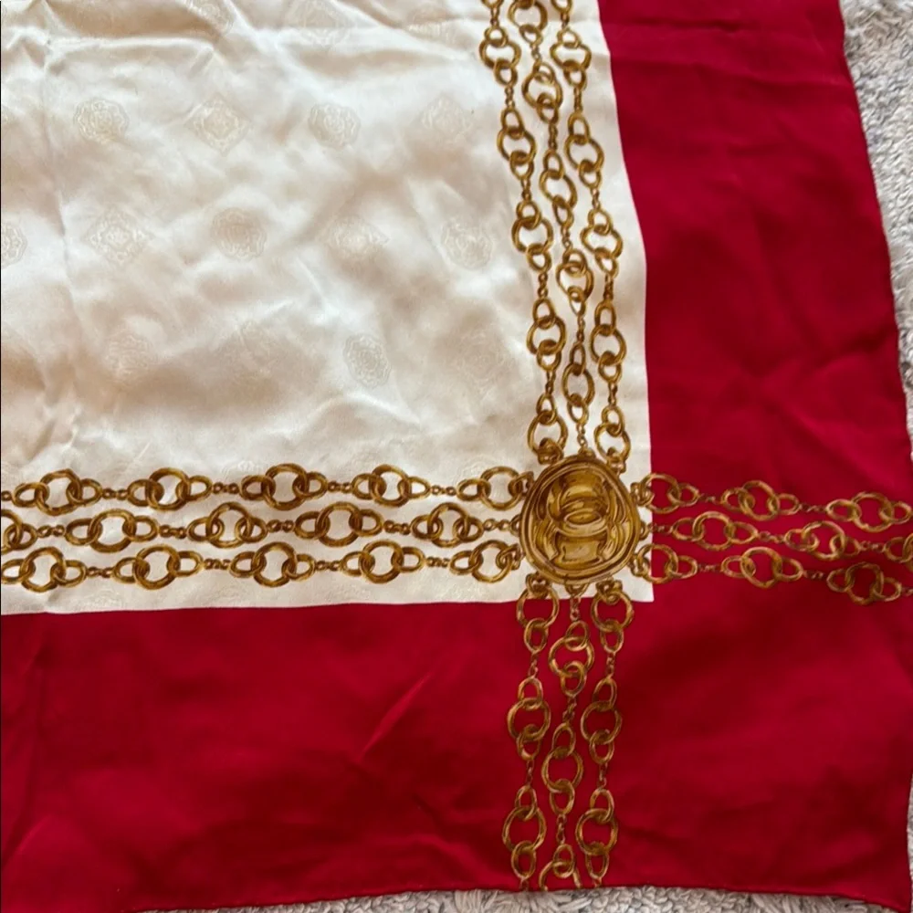 Authentic CHANEL Elegant Silk Red and Gold Scarf